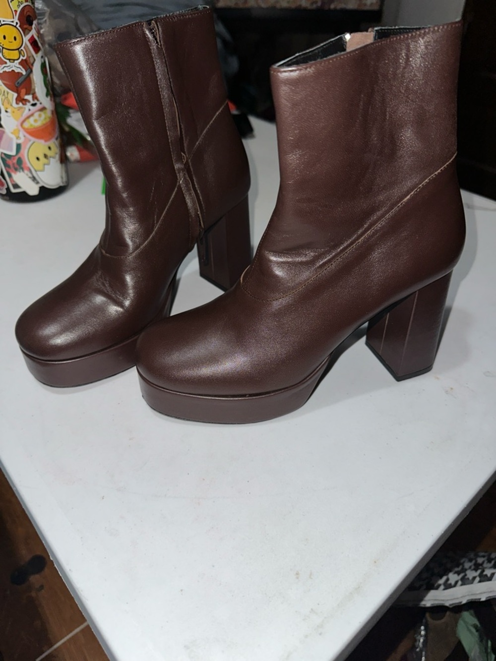 STAUD Brown Platform Block Heel Ankle Boots